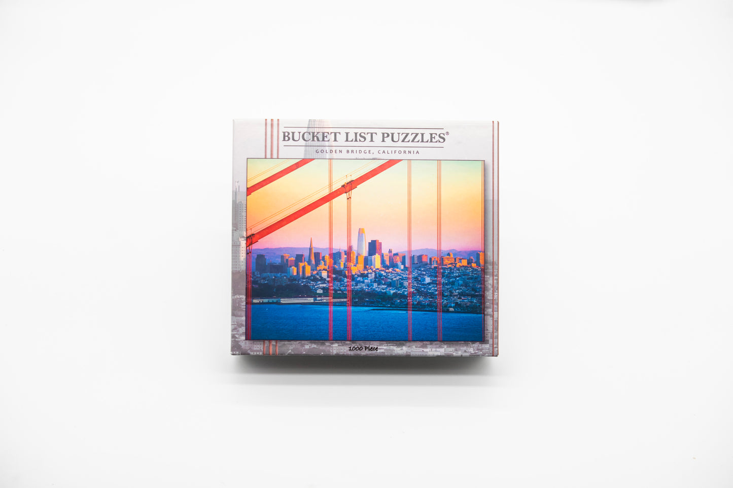 Bucket List Puzzles packaging with a cityscape design on a white background