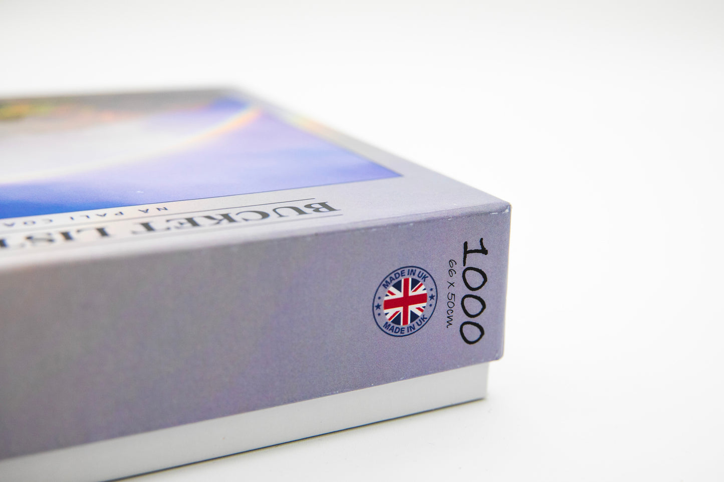 Close-up of a card box with a British flag label on a white background