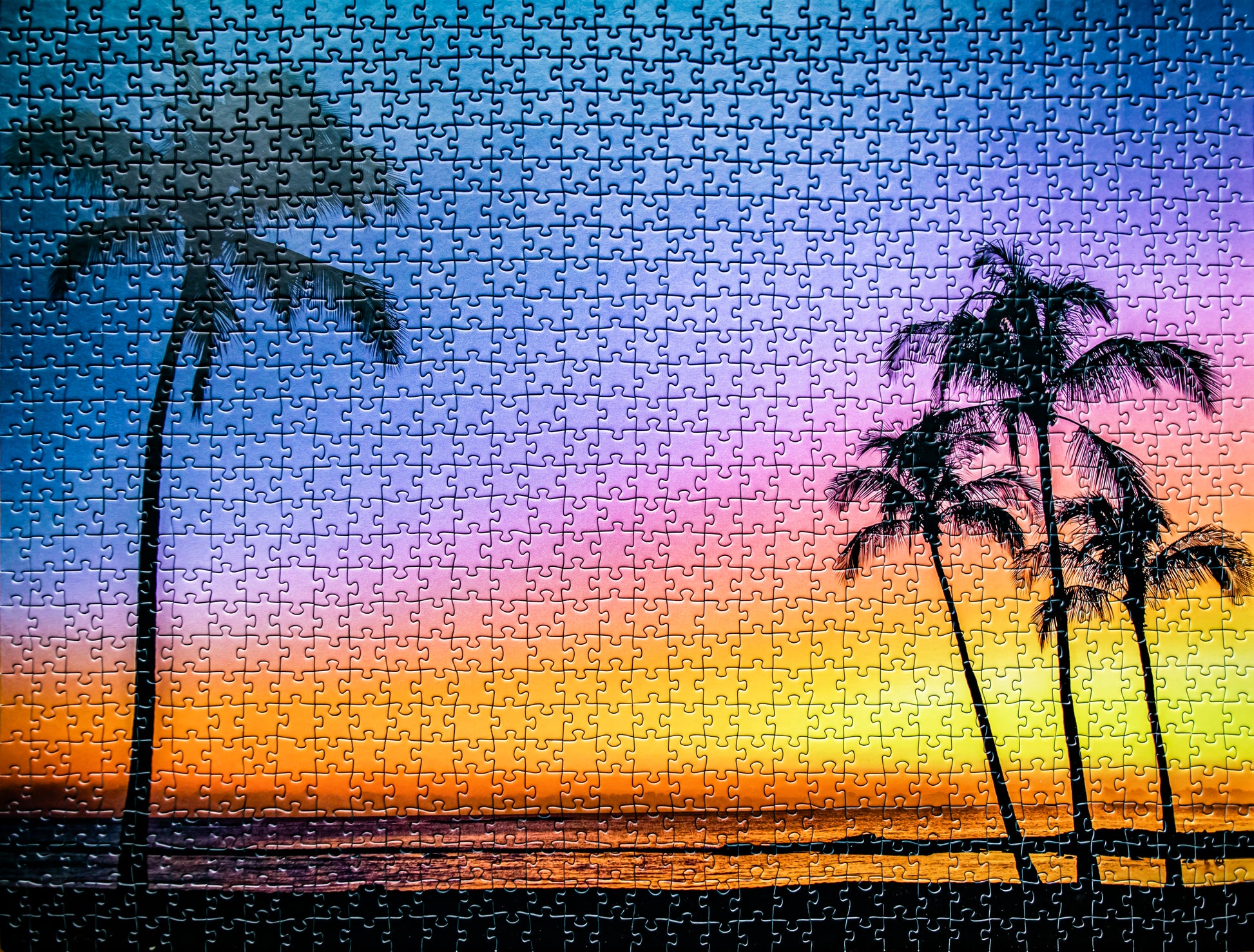 Jigsaw puzzle with palm tree design against a sunset sky