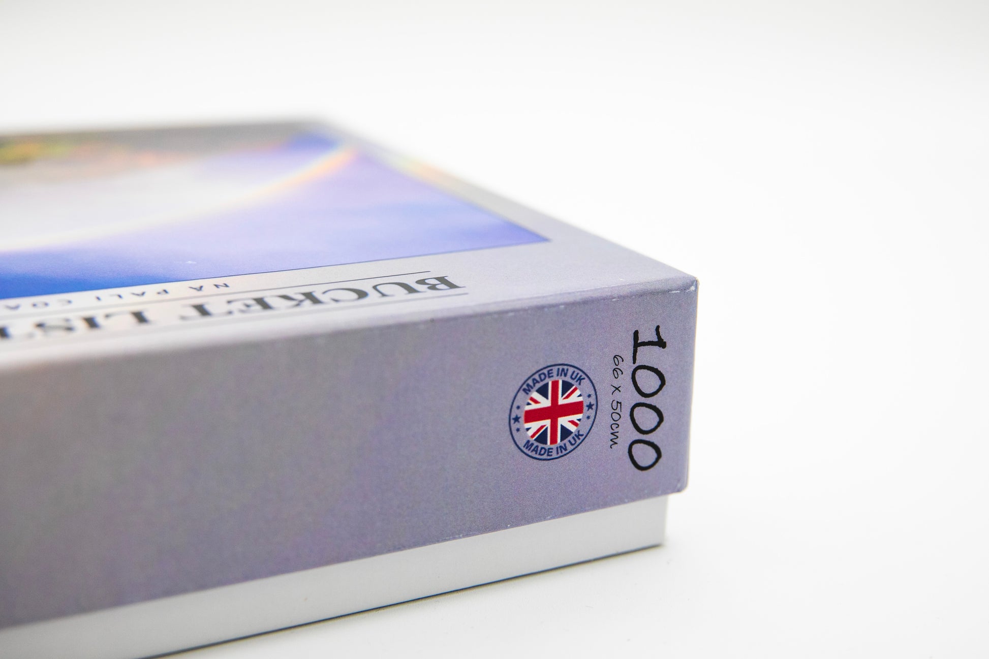 Close-up of a card box with a British flag label on a white background